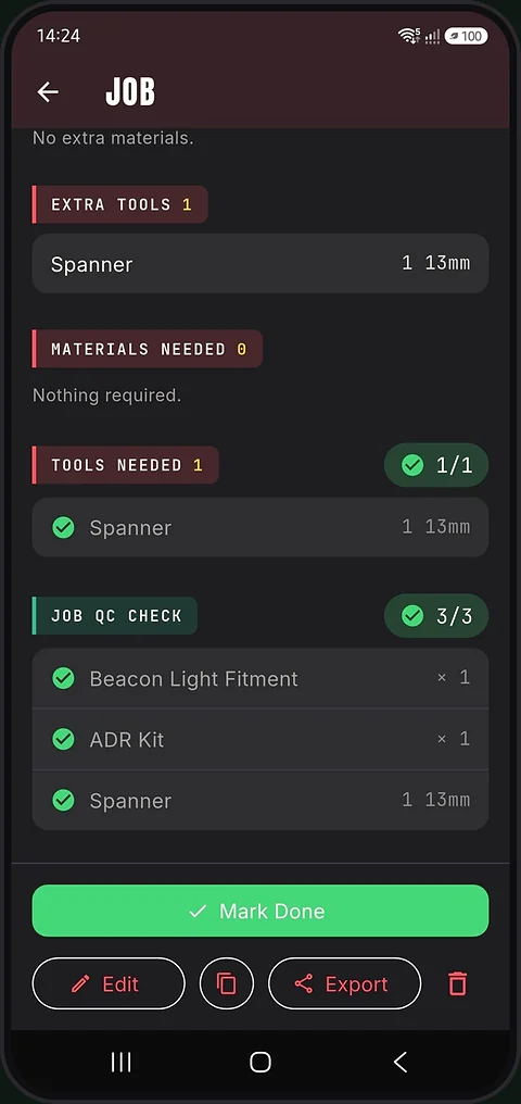 The AutoTech Support app on a phone, showing a job’s tools and quality checks all ticked off above the Mark Done button.