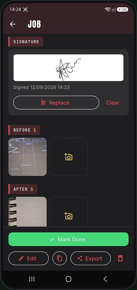 The AutoTech Support app on a phone, showing a job’s captured signature with the time it was signed and a before photo.