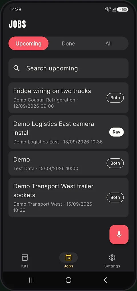 The AutoTech Support app on a phone, showing the upcoming jobs list with each job’s customer, date and team.