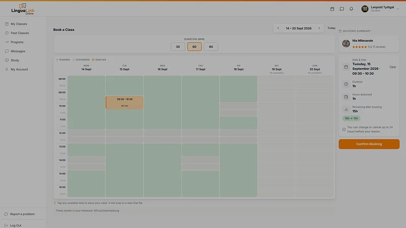 The LinguaLink Online booking calendar, showing a week of available class times with a one-hour class chosen on Tuesday.