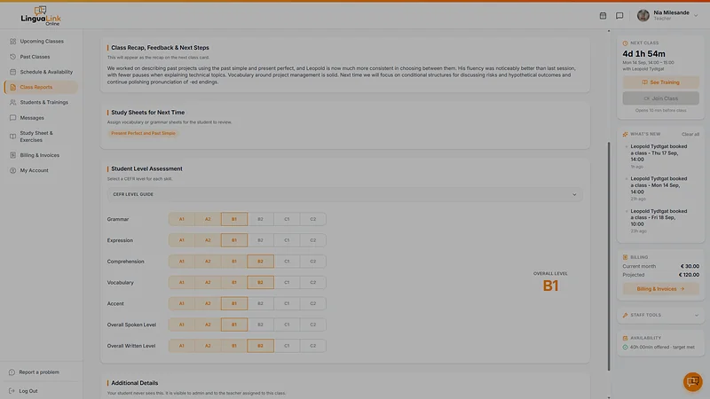 The LinguaLink Online class report, showing the level chosen for each of a student’s skills on the CEFR scale.